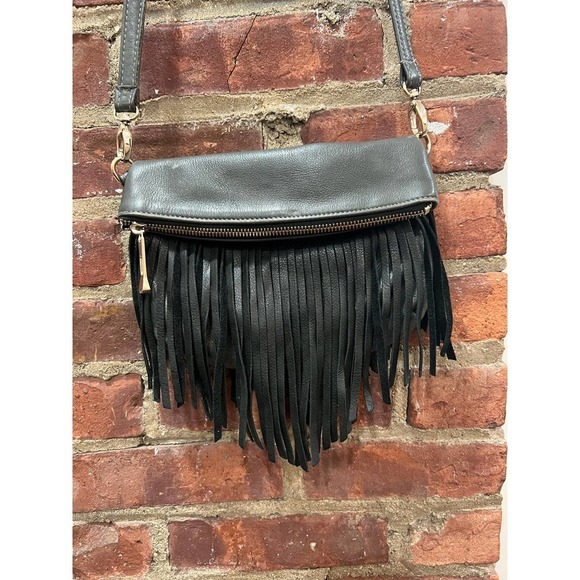 GG BOSS Boho Fringe Leather Crossbody Bag Black Grey - Picture 3 of 7